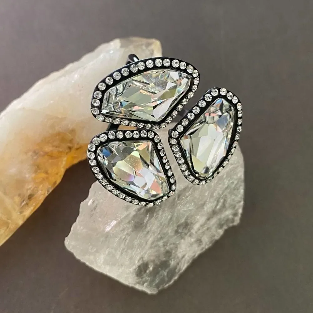 IP Black Stainless Steel Crystal Statement Ring 8